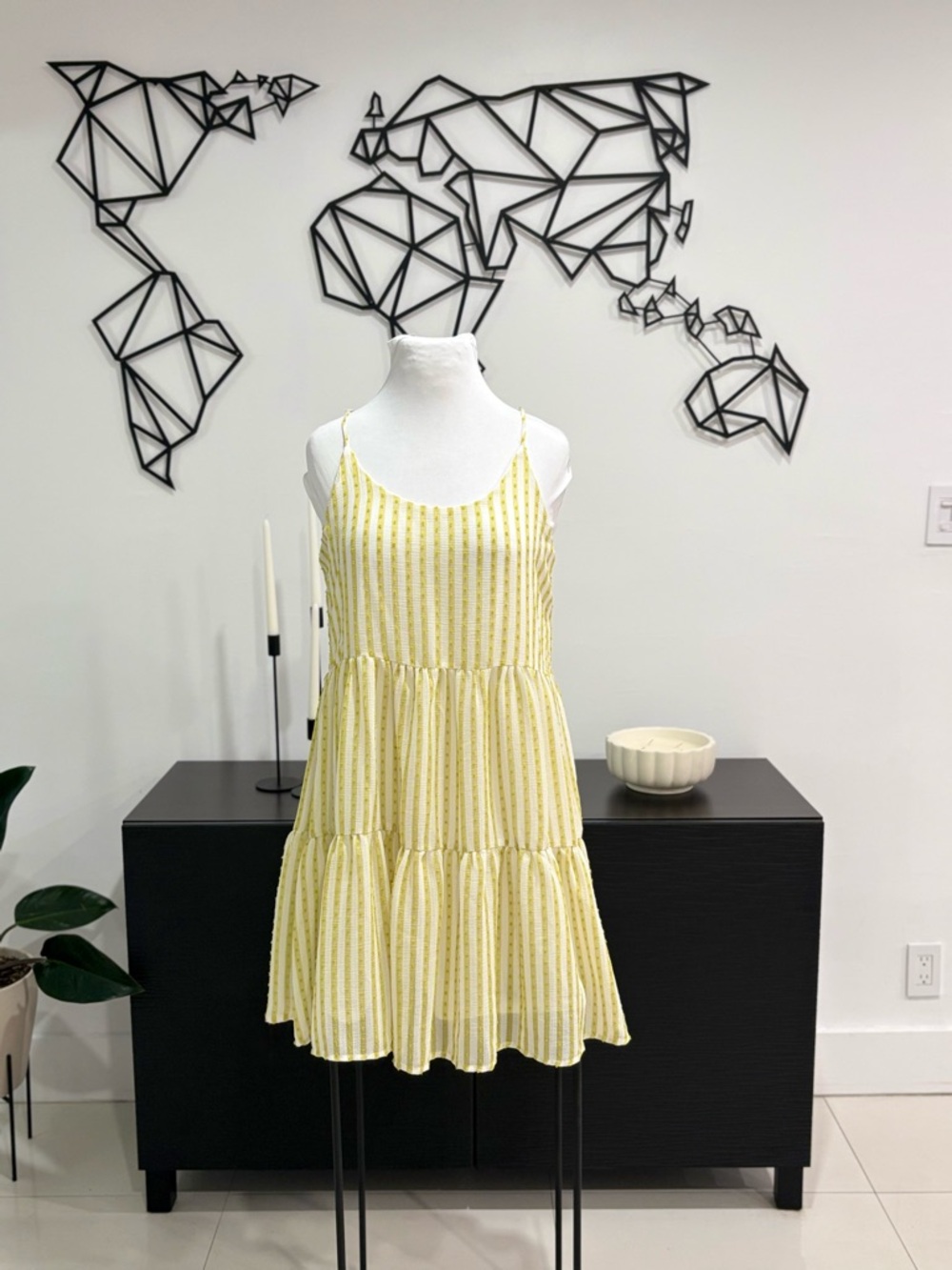 Blu Pepper Yellow Stripe Tiered Mini Dress Tie Back Size M